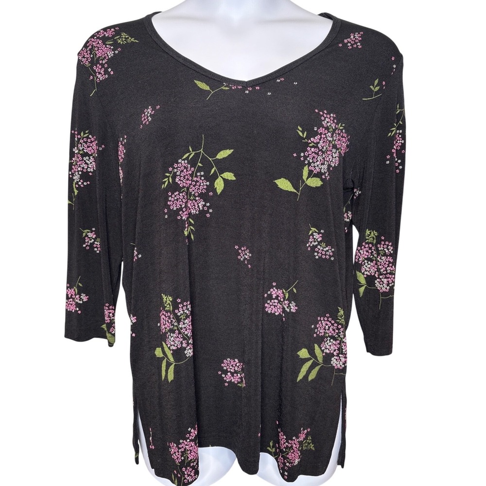 VTG Carolyn Strauss Womens Black‎ Floral V-Neck Blouse Sz L Slinky Chic Traveler